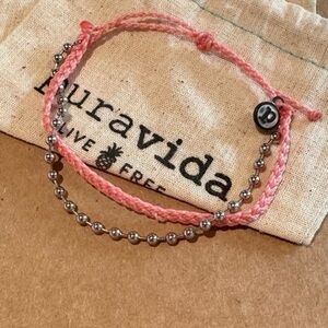 PURA VIDA Pink Mini Braid Bracelet with Second Silver Chain Bracelet Double NEW!